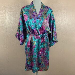 Vintage Colorful Floral Printed Silk Kimono Style Robe